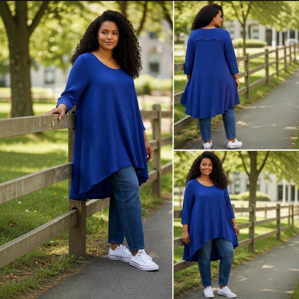 Moonlight Y&S Royal Blue Crinkle Lagenlook Tunic Top XXL High Low Artsy Made USA